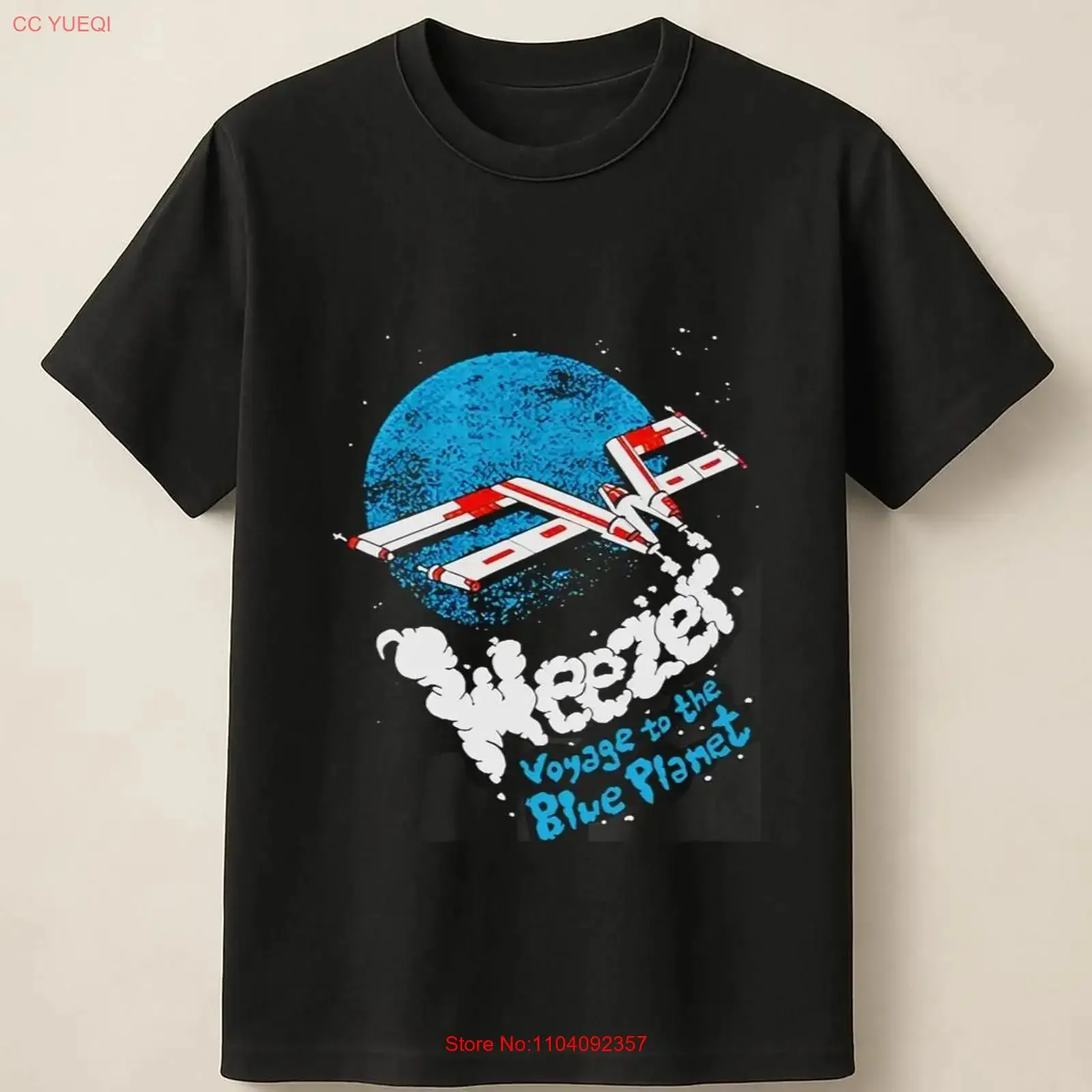 Camiseta Weezer con diseño de lanzamiento de cohete y planeta azul, estilo vintage lavado, versátil, streetwear, ligeramente gráfico, para uso diario