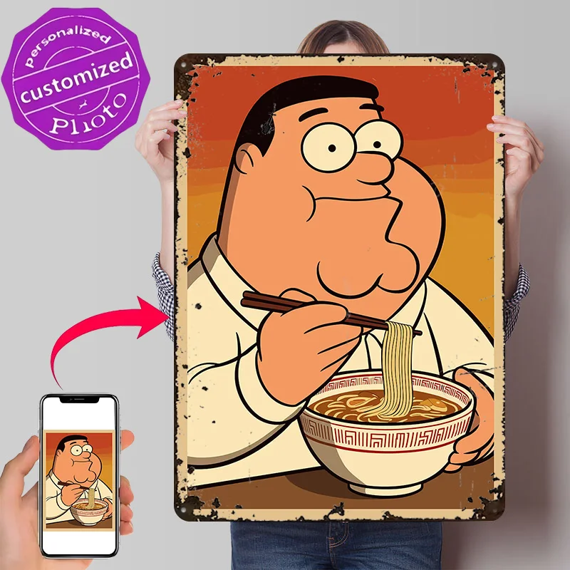 Peter Griffin Eating Ramen Personalized 3D Textured Metal Poster Wall Art Tinplate Sign for Desk Decor Room Mancave Decoration