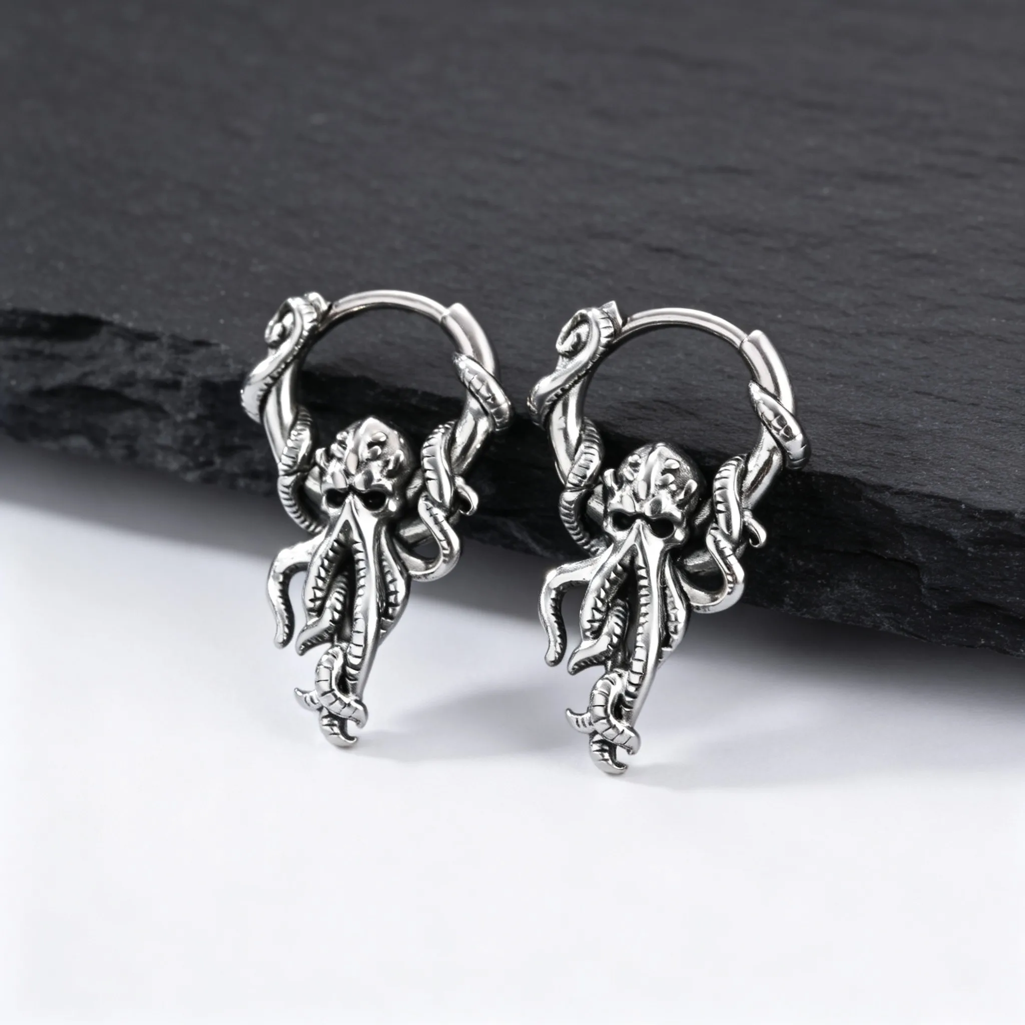 Punk Octopus Hoop Earrings for Men,Stainless Steel 3D Marine Animal Earring,New Trendy Jewelry