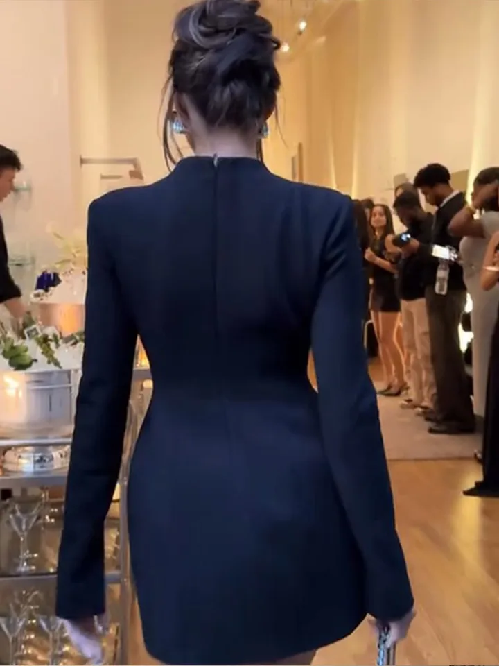 Vestido Negro Corte A Mini con Recortes, Escote Redondo, Manga Larga, Ajustado a la Cintura, para Mujer, Elegante para Fiesta y Club 2025 4