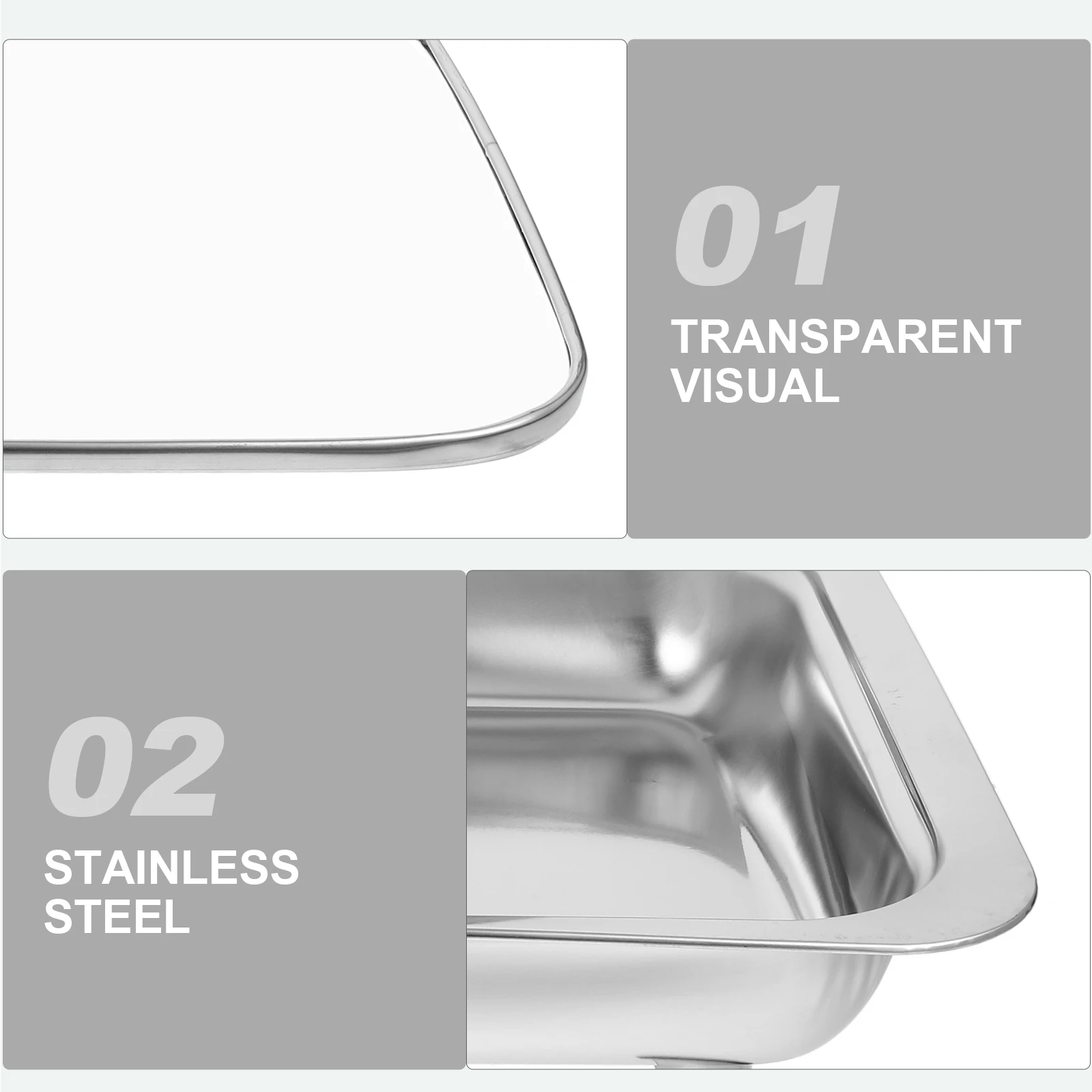 

Rectangle Stainless Steel Buffet Tray Glass Lid for Party Food Display Chafing Dish Set Four Leg Stable Pan Holder