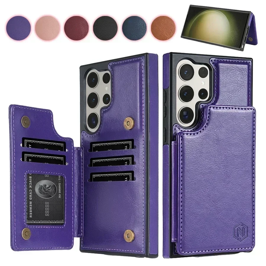 Wallet Solid Color Magnetic Double Buckle RFID Blocking Card Leather Case For Samsung Galaxy S24 Ultra S23 FE S22 Plus S21 S20