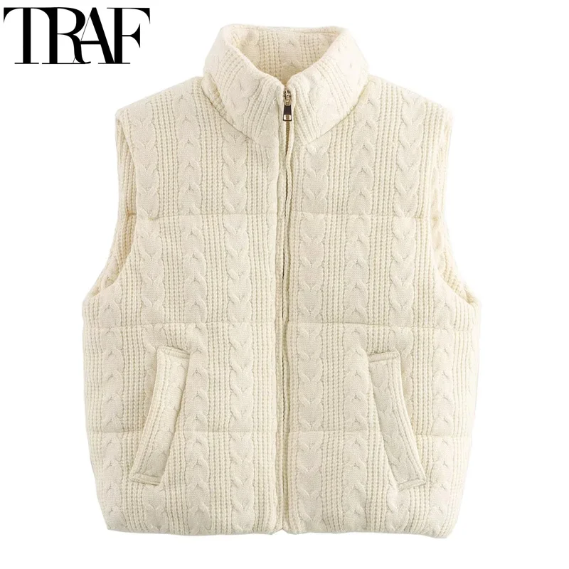 TRAF Womens Vest Gebreid Gewatteerd Vest Vrouwen Outerwears Mouwloze Korte Padding Vesten Dames Herfst Winter Warm Gewatteerde Vesten Vrouw