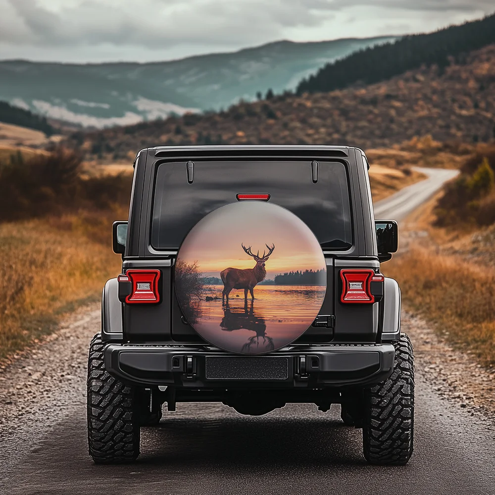 Sunset Deer Silhouette Tire Cover - Realistic Photography Design, Fit For Cars, SUVs, And Trucks, Enhances Vehicle Aesthetics Wi