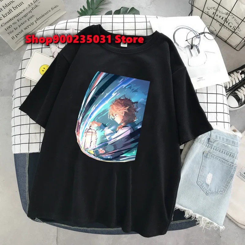 2025 New Anime Bubble Girl Print T Shirts Women's Oversized Black Short Sleeve Harajuku Graphic T-shirt Y2k Tops Summer Couples