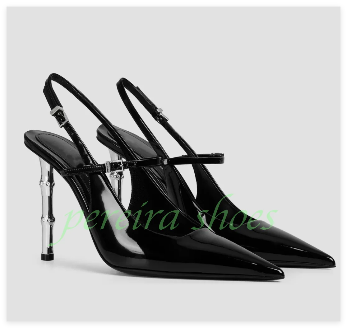 

Lady Black Sexy Slingback Pointed Toe Pumps Metallic Pu Back Strap Designed Bamboo-Shaped Heel Pumps Sexy Party Dress Shoes Size