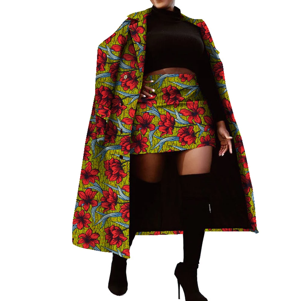 2 Pieces Set African Clothes for Women African Print Tops and Skirts Women Traditional African Long Trench Coat Skirt Set WY001