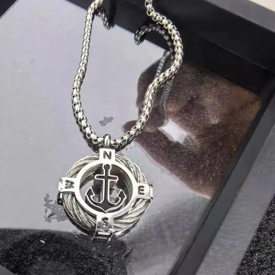 Chinese Style Lucky Blessing Niche Design Retro Compass Anchor Pendant Necklace For Men Trendy All Match Daily Wear Good Luck