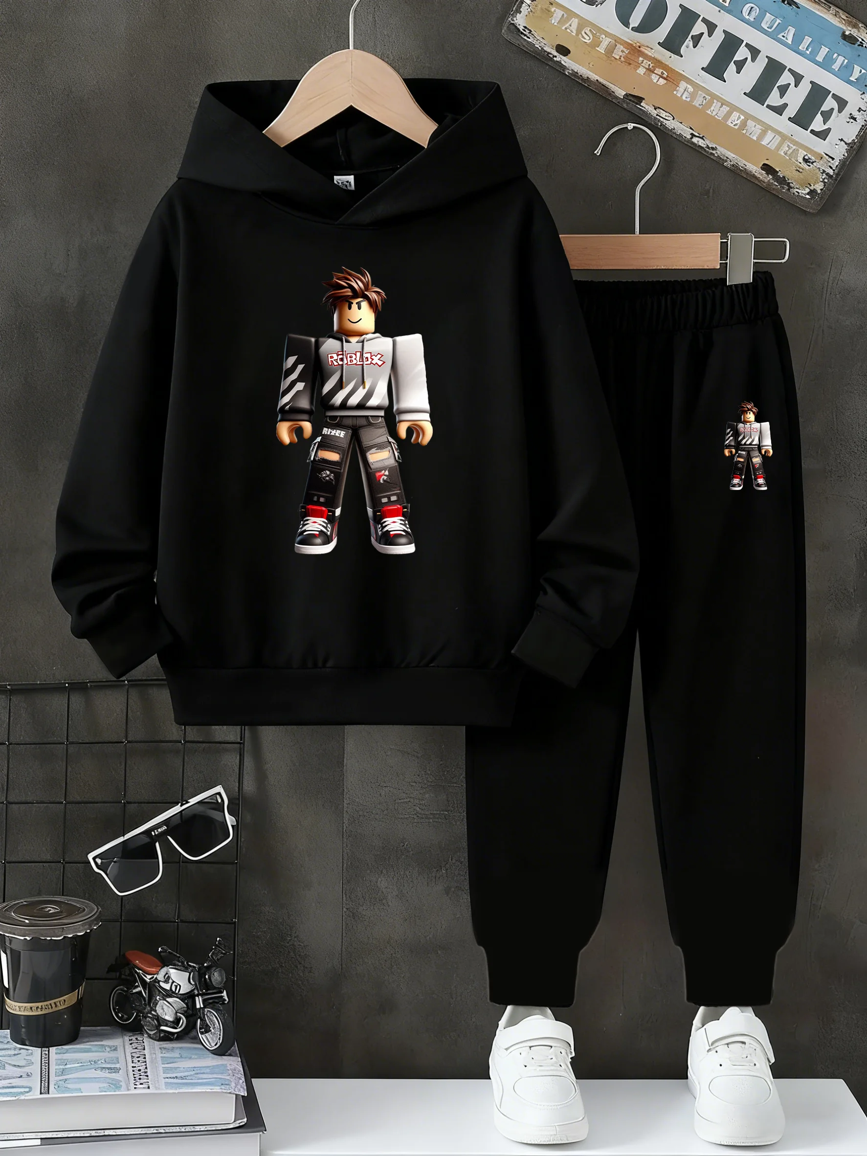 

Boys' Autumn Fun Suit Cartoon Rabbit "Great Vibes" Hooded Hoodie + Bunted Foot Sweaters Children's Fashion Two-Piece Se