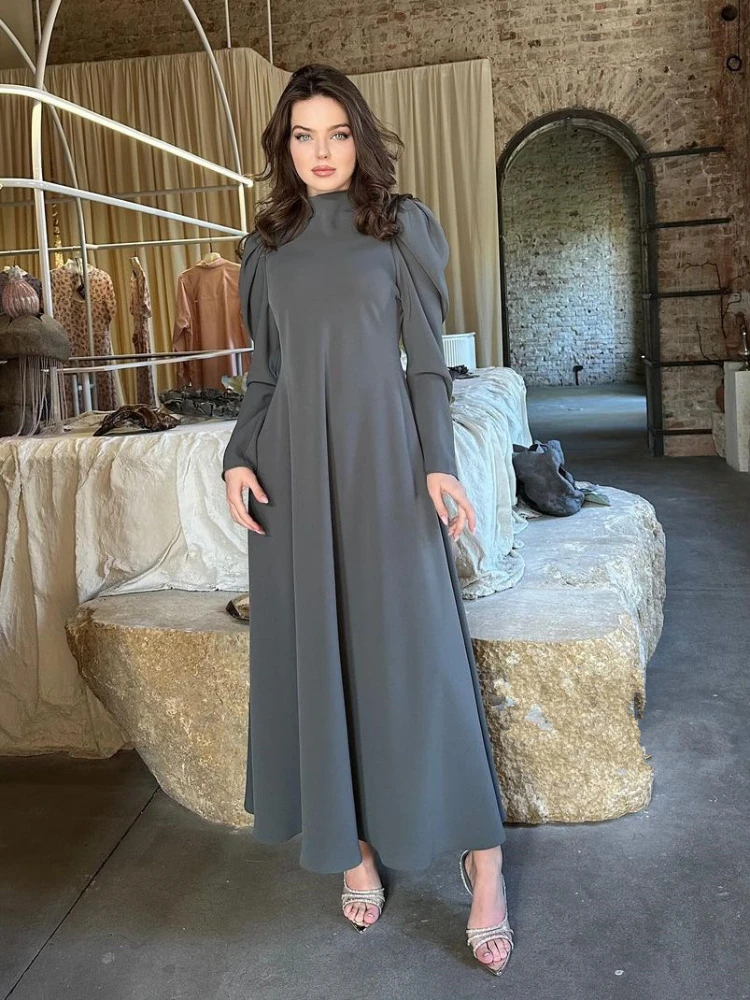 Eid Abito modesto per le donne Ramadan Abaya musulmano Mezza collo alto Abito lungo da festa Abiti solidi Largos Dubai Robe Jalabiya