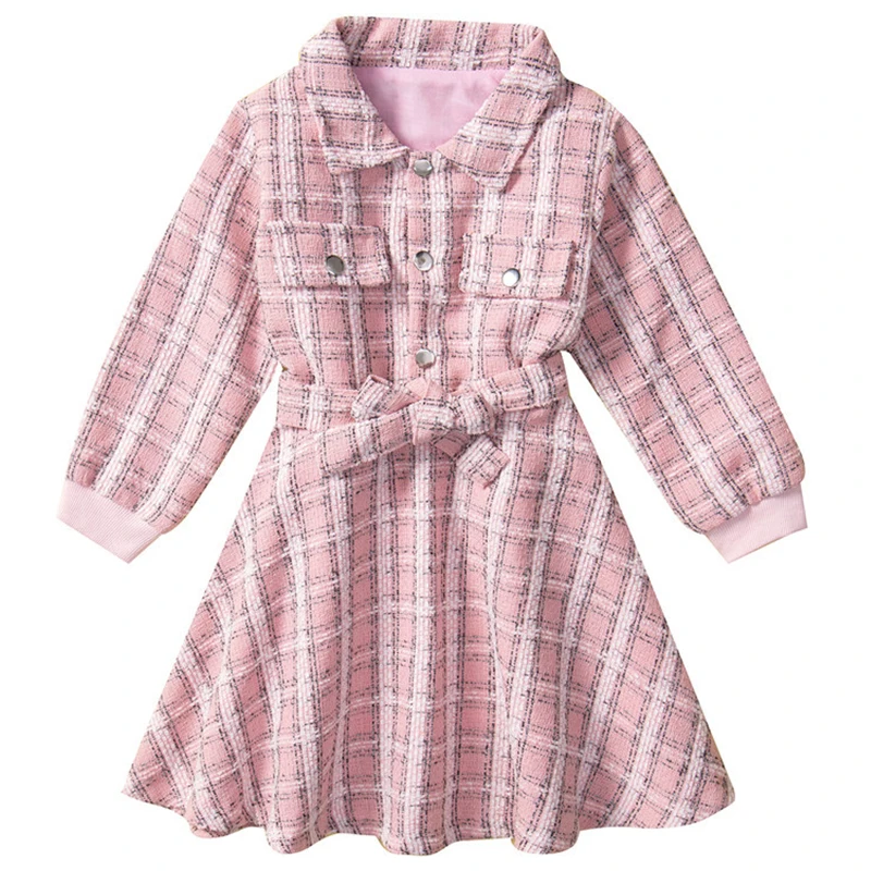 

Spring Fall Kids Boutique Clothes Girl Korean Fashion Plaid Belt Long Sleeve Dresses Luxury Birthday Dress Baby Clothing BC1875