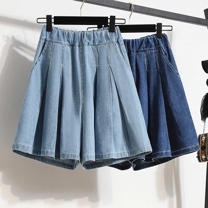 Women Denim Shorts Summer Elastic Waist Pleated Wide Leg Shorts Loose Casual Solid Color Half Pants Plus Size Female Shorts
