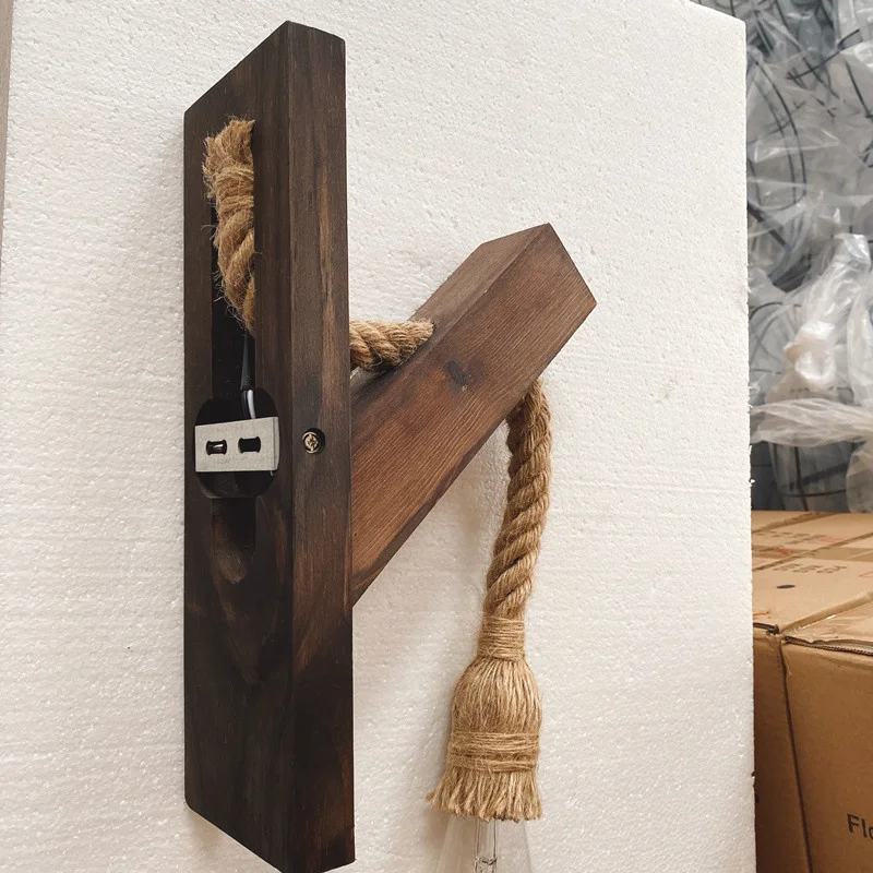 Hemp Rope Retro Wood Wall Lamp E27 Edison Bulb for Bar Loft Corridor Aisle American Decorative Wall Light Fixture Sconce 85-265V
