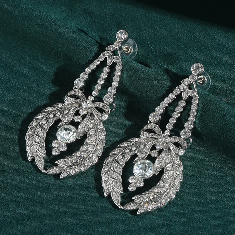 

Vintage Silver Color Leaf Earrings Rhinestone Round Woman Ice Snow Elegant Luxury Quality Jewelry Retro Fashion Gift Daily New