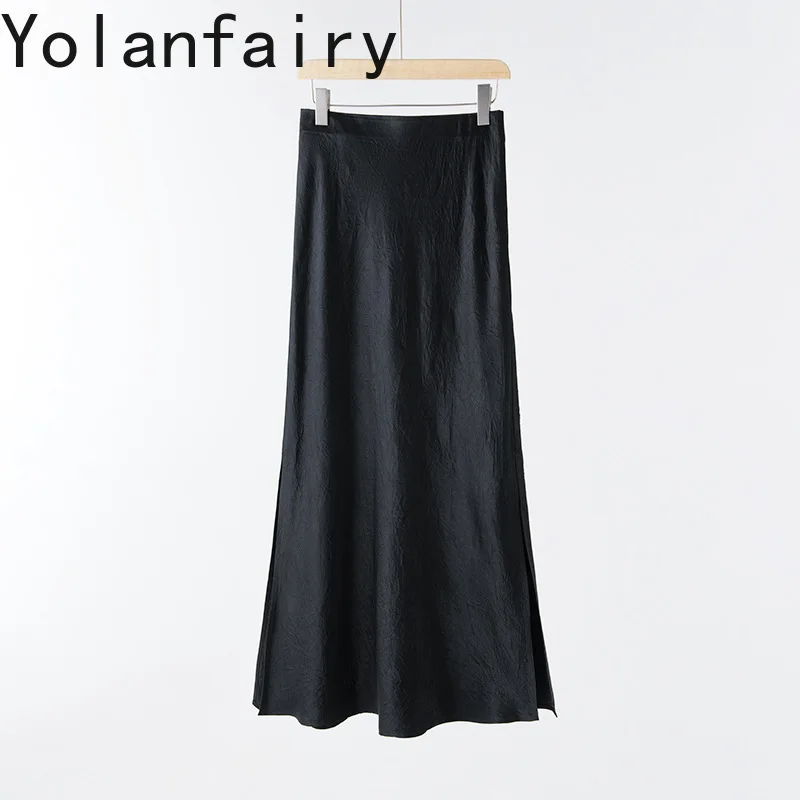 

Юбки из 100% ацетатного атласа YOLANFAIRY для женщин, весна-лето, 26, черная юбка с эластичной талией, элегантная женская одежда, юбка-рыбка