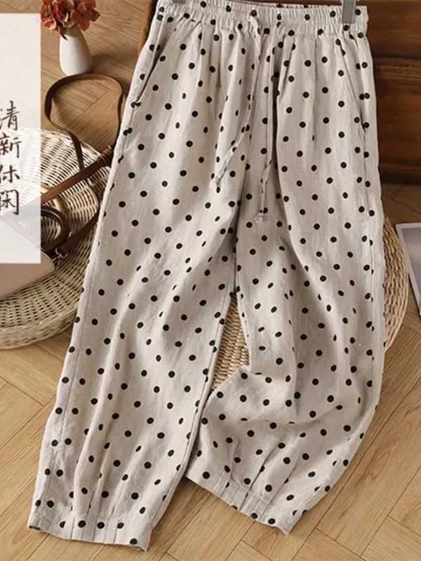 

Summer Faion Large Size Polka Dot Harem Pants Women's High Waist Comfortable Linen Loose Fit Casual Lantern Pants