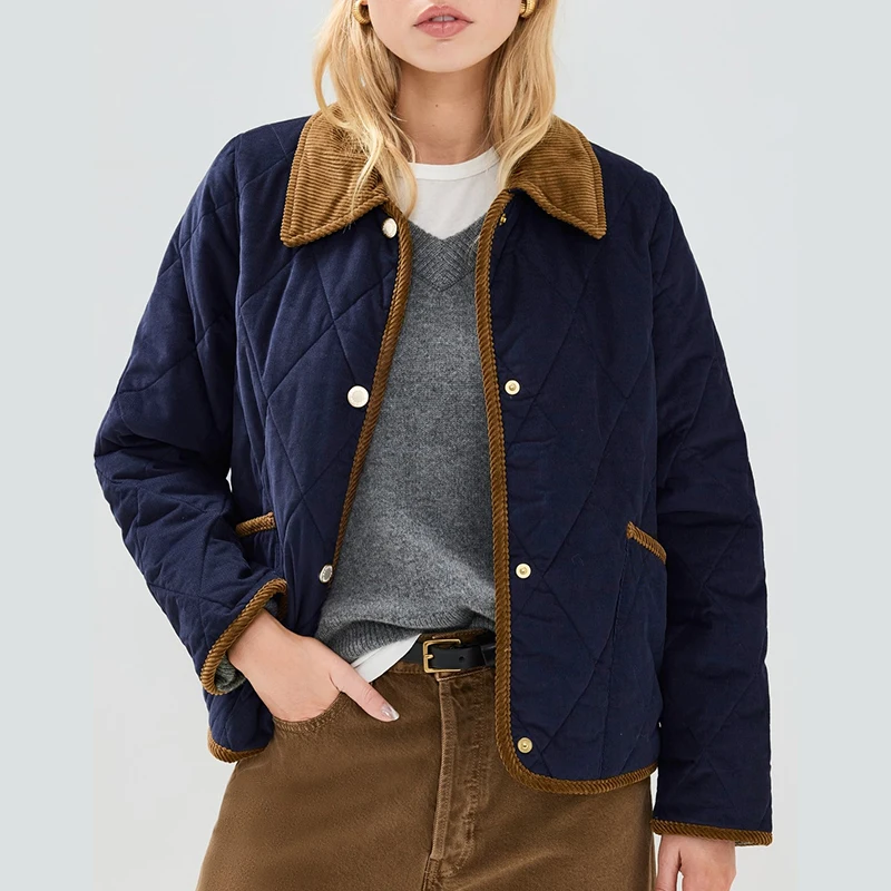 المرأة التباين سروال قصير تقليم مبطن سترة الرجعية التلبيب طوق زر أسفل طويلة الأكمام معطف الشتاء الدافئ معاطف امرأة خارجية