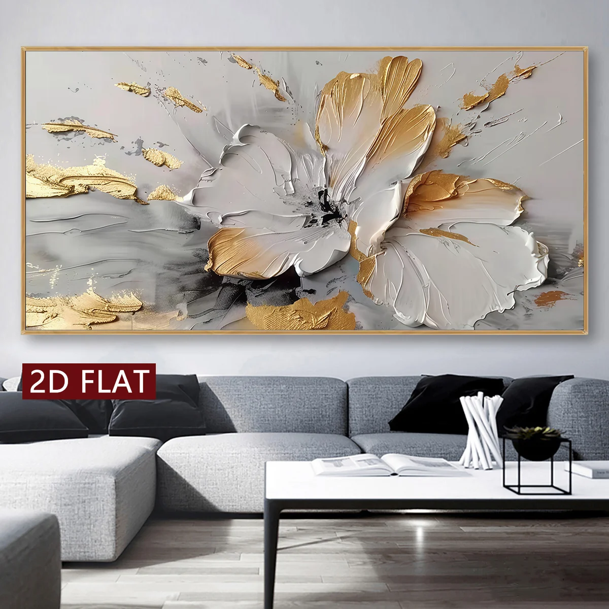 1pc Modern Abstract Golden and White Flower Painting Canvas Print Botanical Wall Art for Living Room Bedroom Home Decor 2D Flat