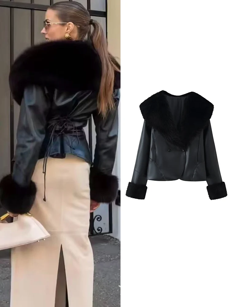 

New Women Slim Imitation Fur Collar Jacket Chic Pu Leather Long Sleeve Button Winter Warm Streetwear Fashion Faux Leater Coat