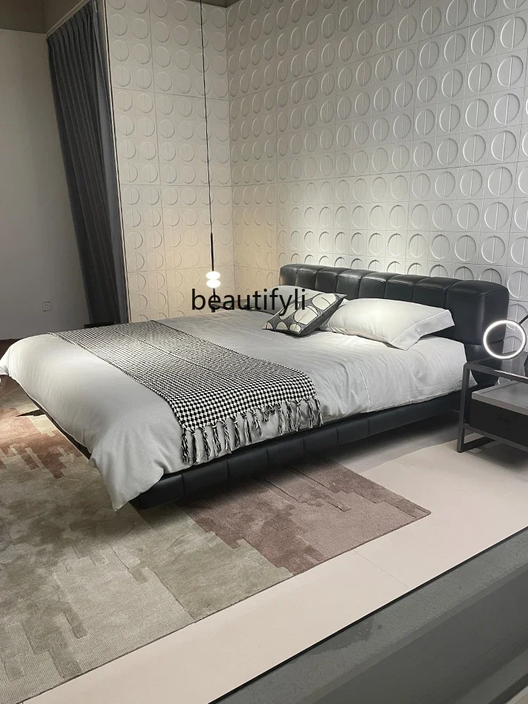 

xzGenuine leather Italian minimalist high-end stylish double master bedroom 1.8m wedding bed black new classic leather bed