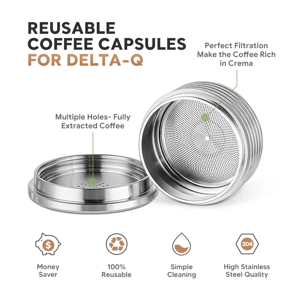 Reusable Capsule Refillable Stainless Steel Pod Coffee Filters for Delta Q NDIQ7323 /MINI QOOL Coffee Machine Maker