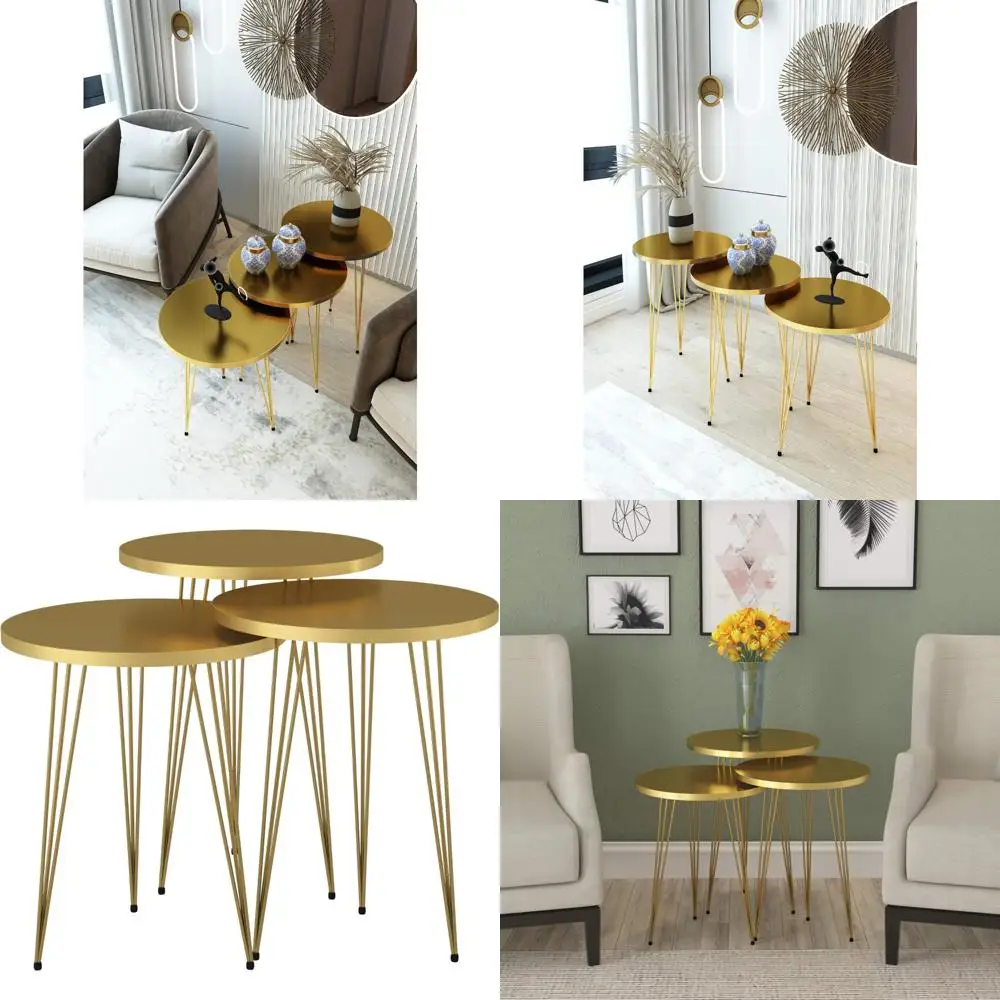 

Set of 3 High Gloss Gold Finish Nesting End Tables with Round Wooden Top and Stackable Metal Legs for Living Room