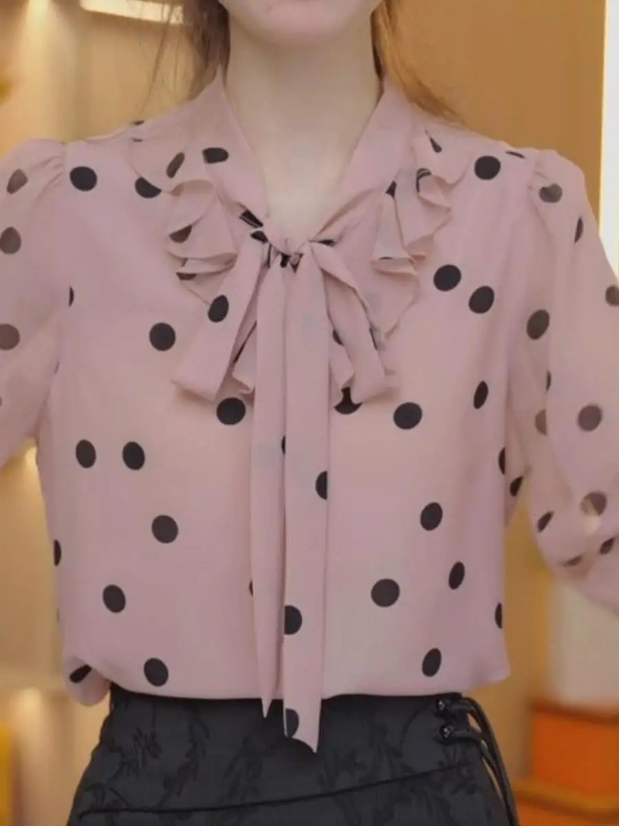 loose-chiffon-top-women's-fashion-spring-2026-polka-dot-sash-belly-cover-slimming-three-piece-set-age-defying-hemline