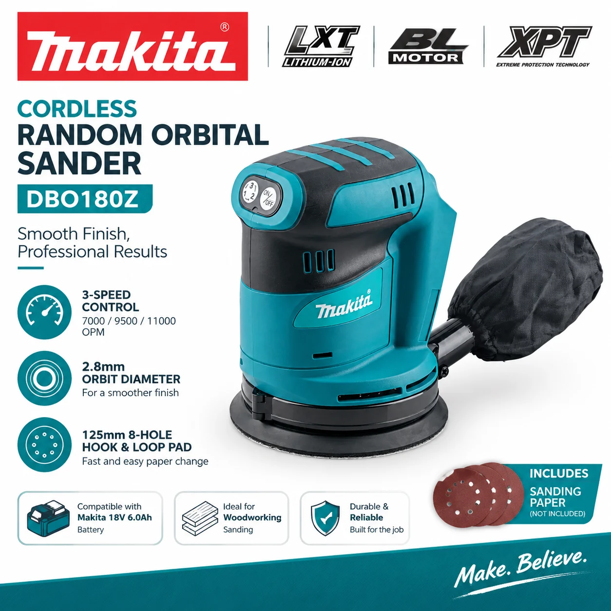 Makita 18V Lithium Battery DBO180Z Random Orbital Sander, Rechargeable Sander for Wood, Putty Sanding and Polishing Power Tool