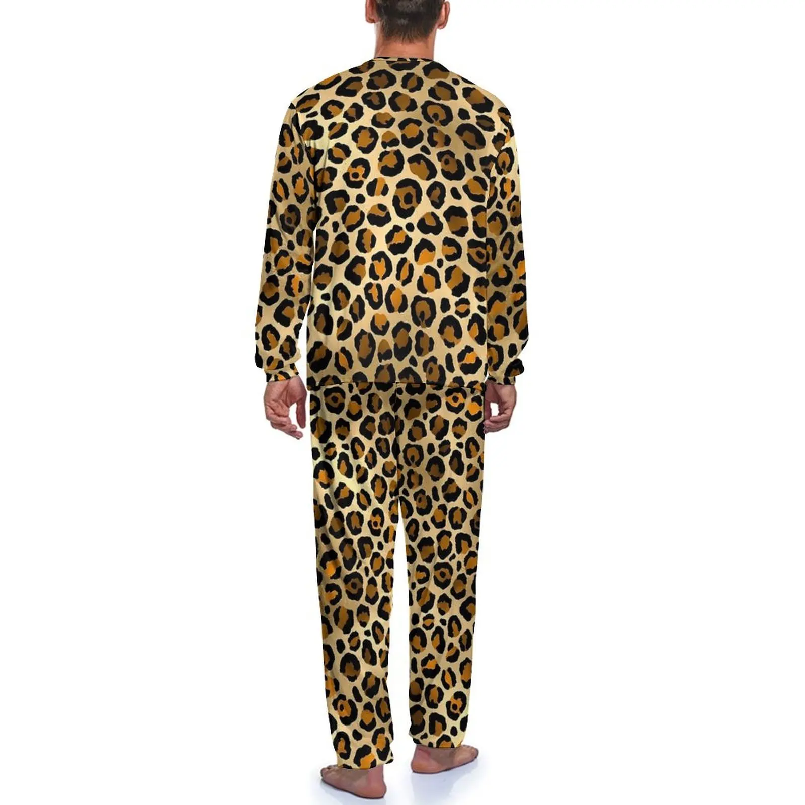 Orange Leopard Print Pajamas Spring Casual Sleepwear Mens 2 Pieces Pattern Long Sleeve Fashion Pajama Sets