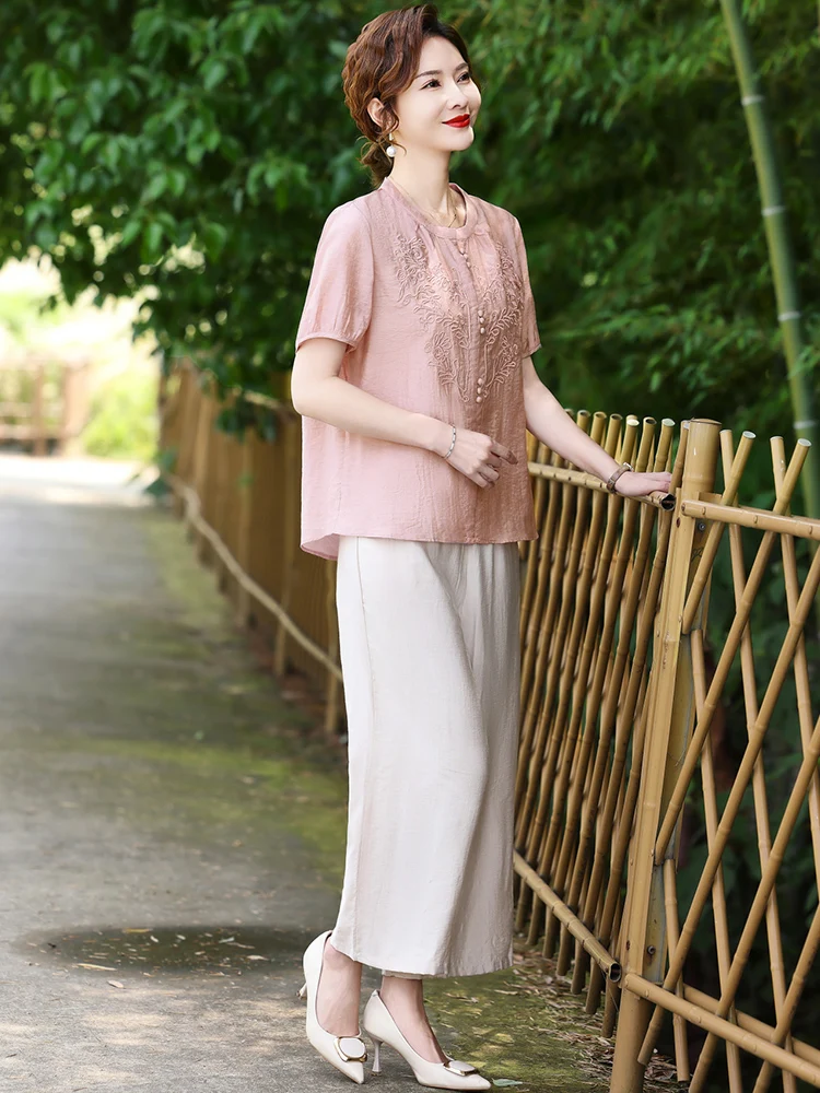 

Chinese Style Short Sleeve Shorts Set Women Spring and Autumn Loose Version Improved Suit Top Wide Leg Pants Two-piece Set Wh15