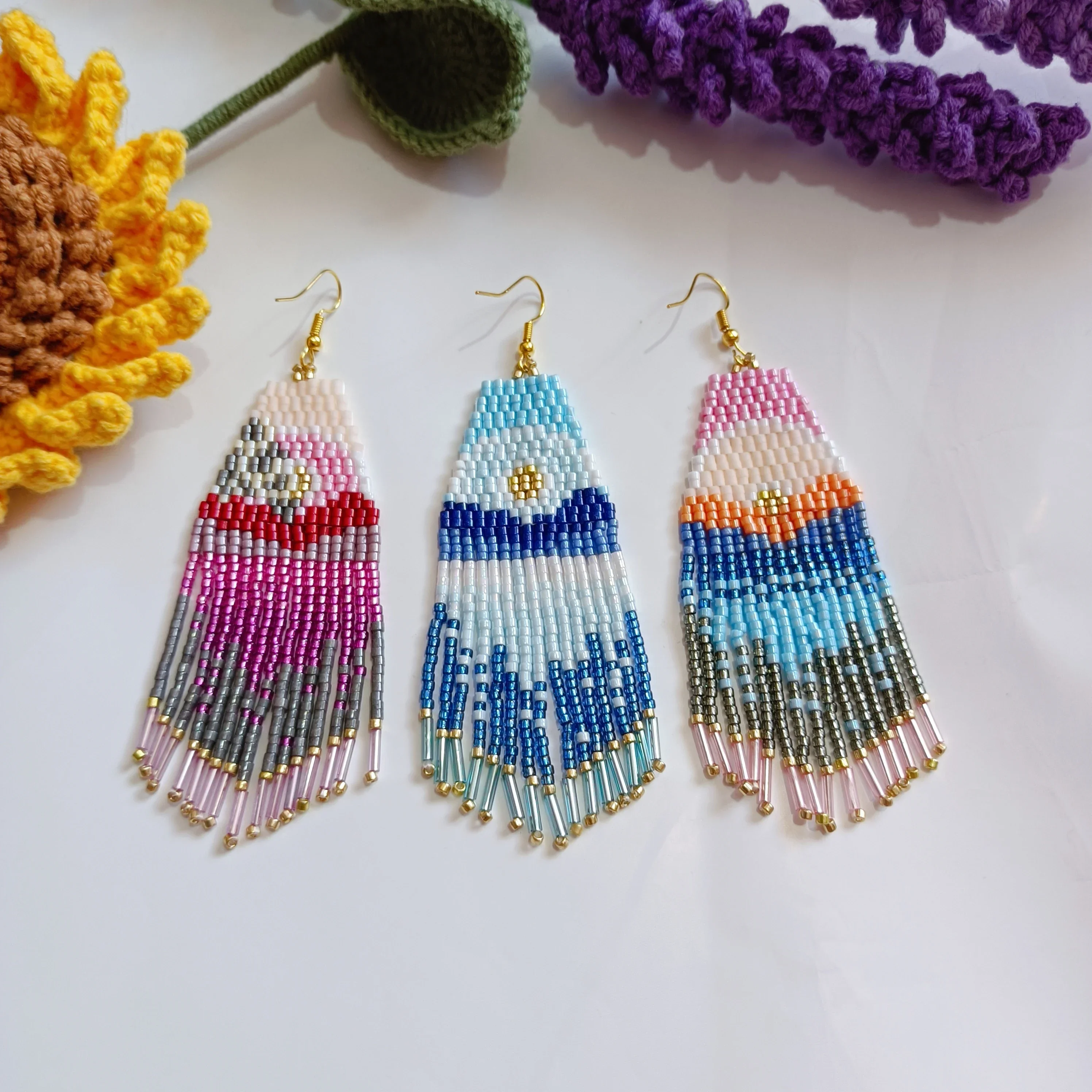 

Handmade Bead Earring Tassel Landscape Originality Scenery Hand Knitting Sun And Moon Pattern Bohemia Beaded Earrings for Women