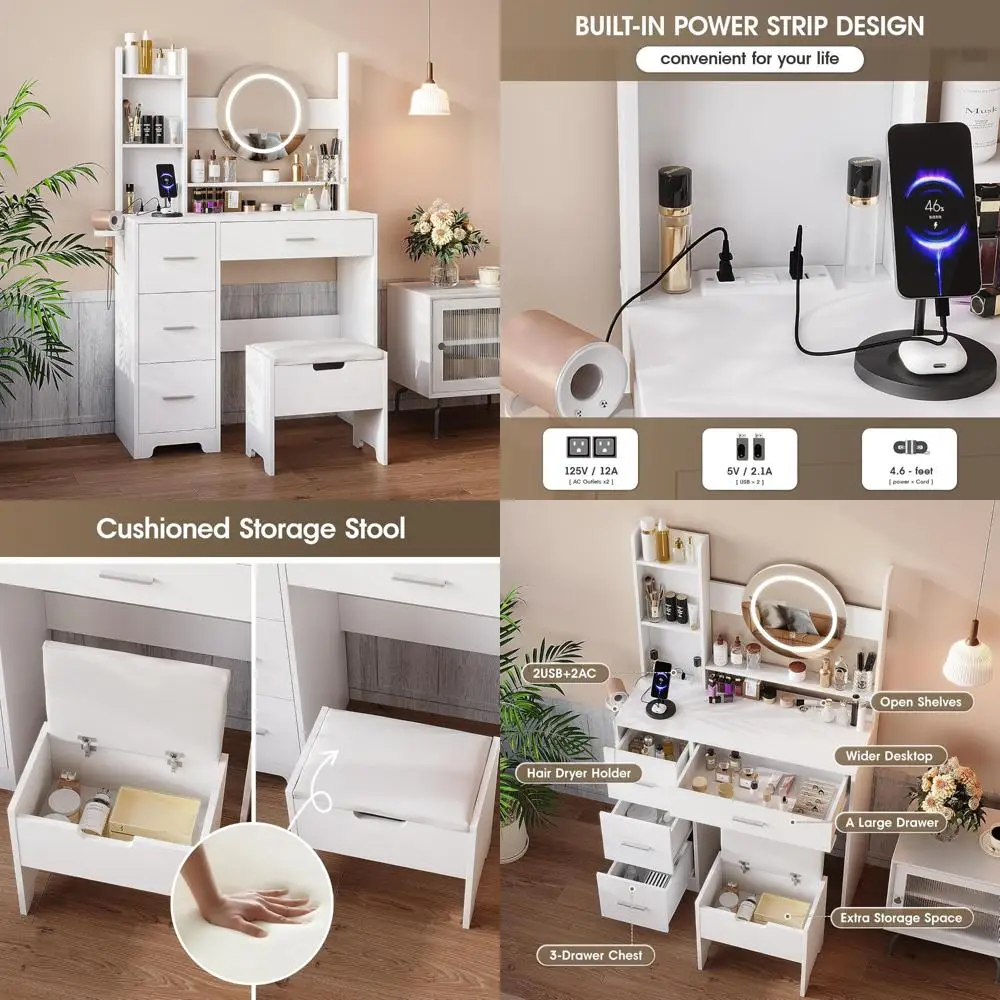 

туалетный столик для макияжа с подсветкой, регулируемым освещением и четырьмя ящиками для хранения.