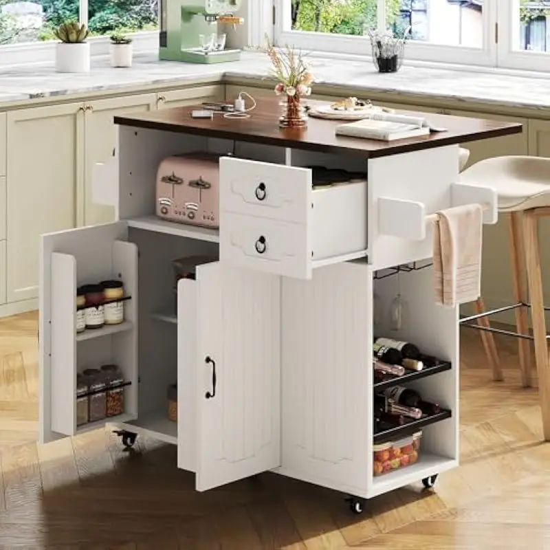 51-inch rolling kitchen island with fold-down leaf extension, integrated power socket and USB port, engineered wood construction