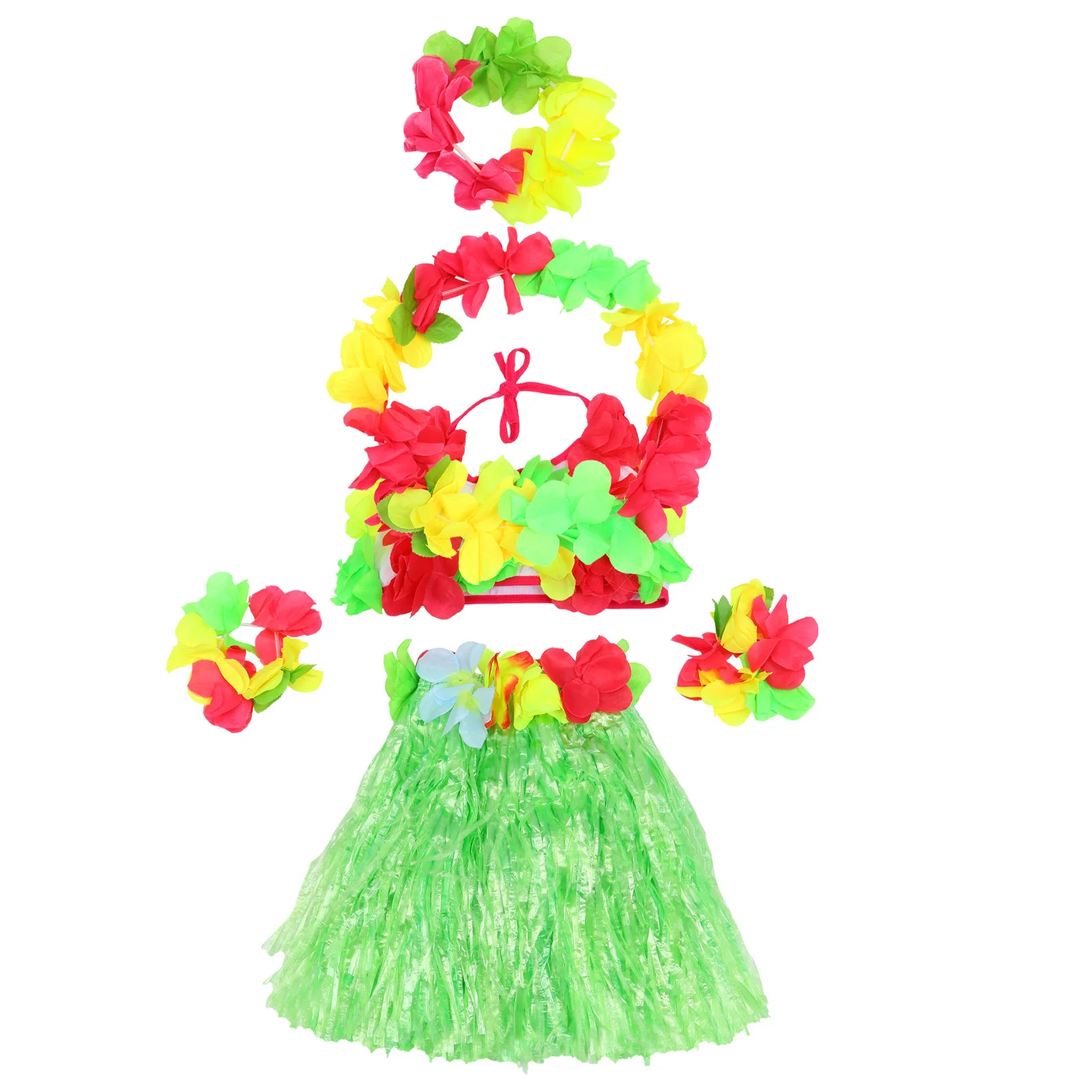 1 Zestaw Kostiumów dla Dzieci w Stylu Hawajskim Elastyczny Oddychający Biustonosz Jasny Wianek Opaska Bransoletka Idealny na Imprezę Kostiumową dla Dzieci