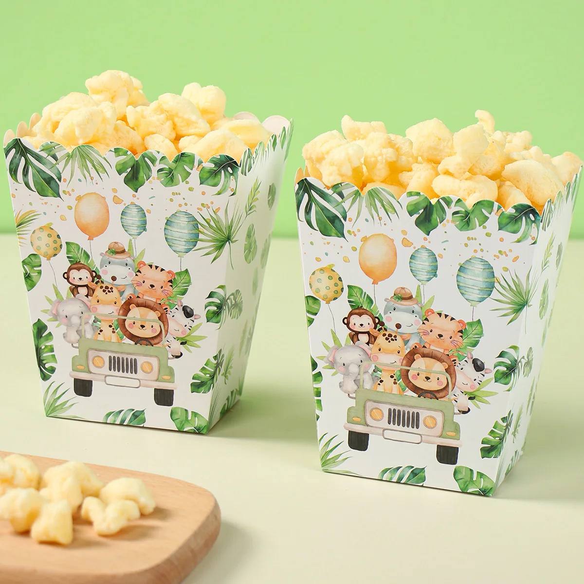 Scatola per popcorn di caramelle per animali della giungla Decorazione per feste di compleanno per safari Scatola per biscotti a tema giungla per