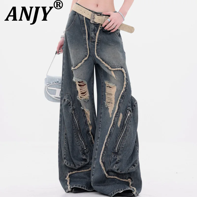 

ANJY Autumn New Women Chic Ripped Jeans American Retro Distressed Large Pockets Denim Punk High Street Tide Wide Leg Pants A8809
