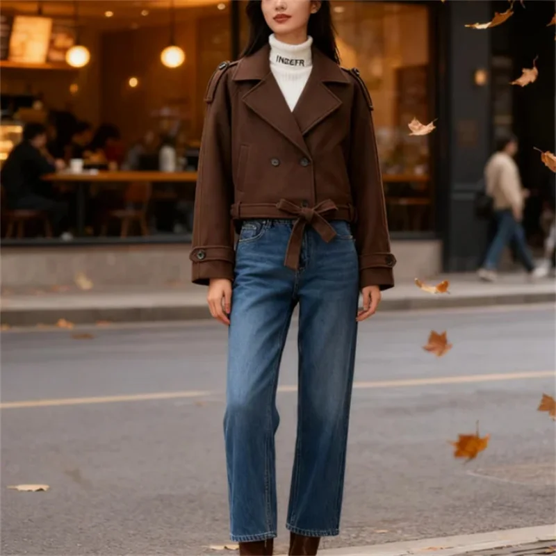 

Женская модная куртка с длинными рукавами и поясом с лацканами, сексуальная мода, осенний стиль 2025 г.