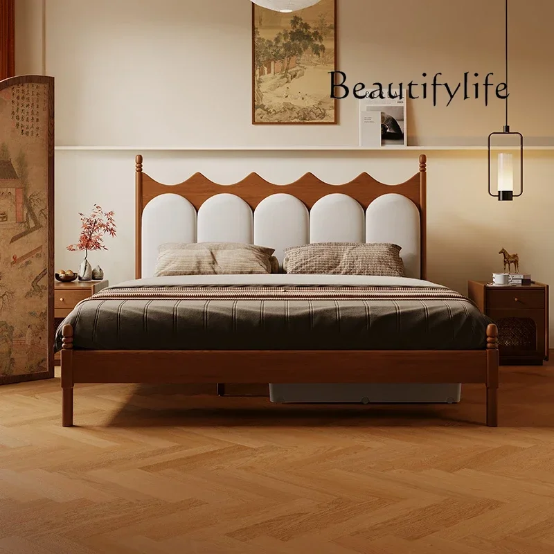A BedFrench Retro Solid Wood Bed Master Bedroom 1.8 Meters Double Bed American Medieval Cherry Wood Bedroom Queen