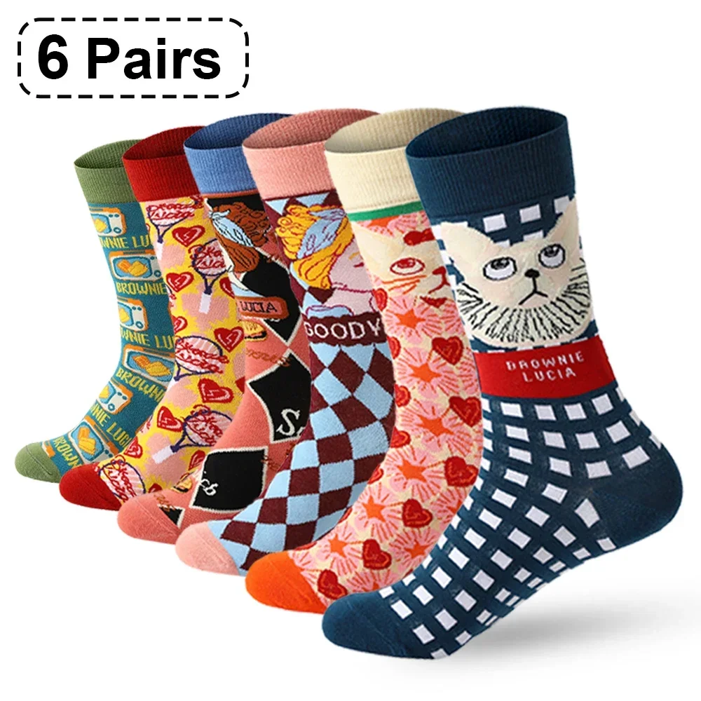 【HOT】6pair/batch Fashion Cartoon cat Men Soft Breathable Cotton Long socks Casual Harajuku Happy Stockings Fun socks Gift