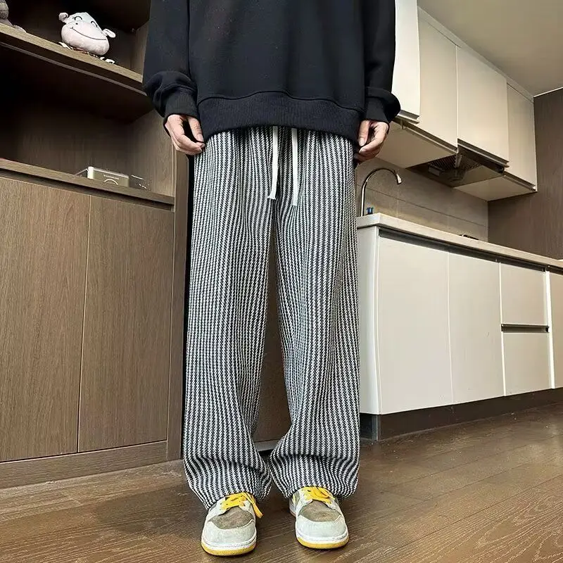 Spring Autumn New Fashion Elastic Waist Striped Contrast Color Straight Pants Man High Street Loose Pockets Patchwork Trousers