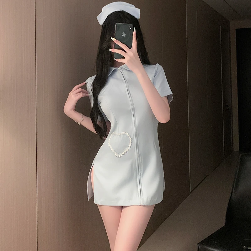 Plus Size Sexy Nurse Cosplay Costume Front Zipper Mini Dress Lace Pocket Side Slit Uniform Women Halloween Party Roleplay Outfit view 3