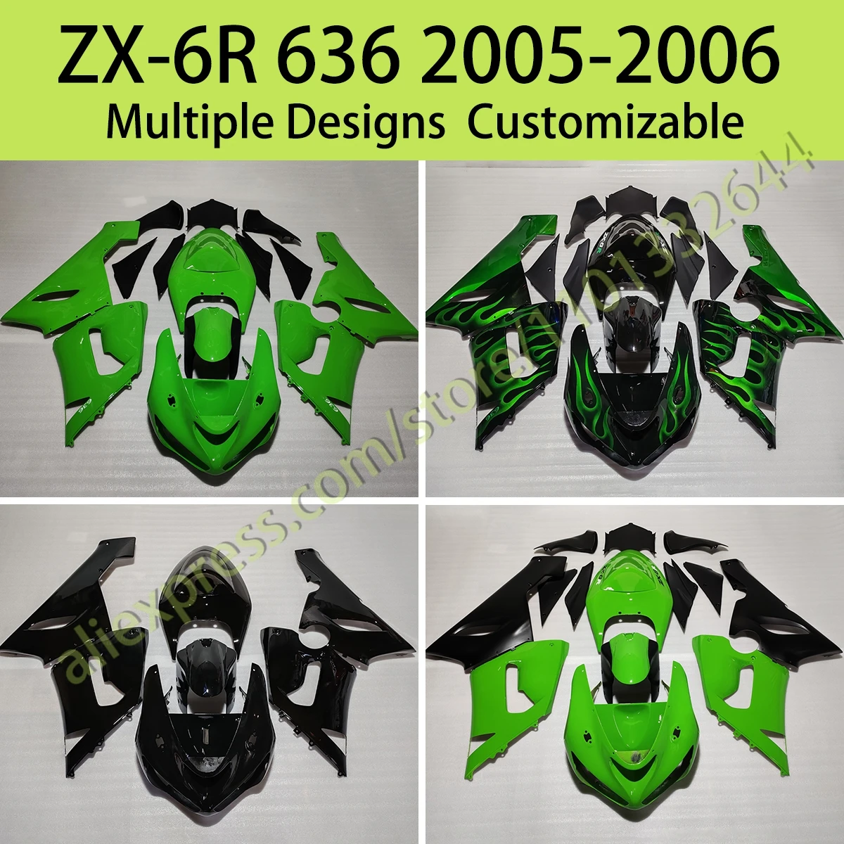 

Motorcycle Parts Fairings for Kawasaki ZX 6R 636 2005 2006 ABS Injection Kit Body Work Fairing Set Fit ZX6R 05 06 Green Flame