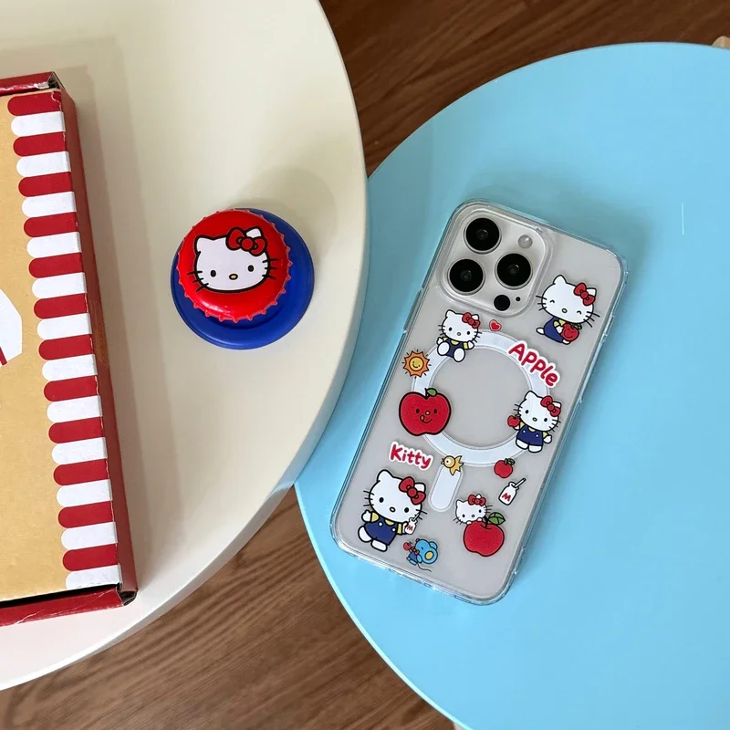 Cute Sanrio Hello Kitty Magnetic Wallet Bracket Magsafe Wireless Charge Phone Case For iPhone 16 15 14 13 12 11 Pro Max Cover