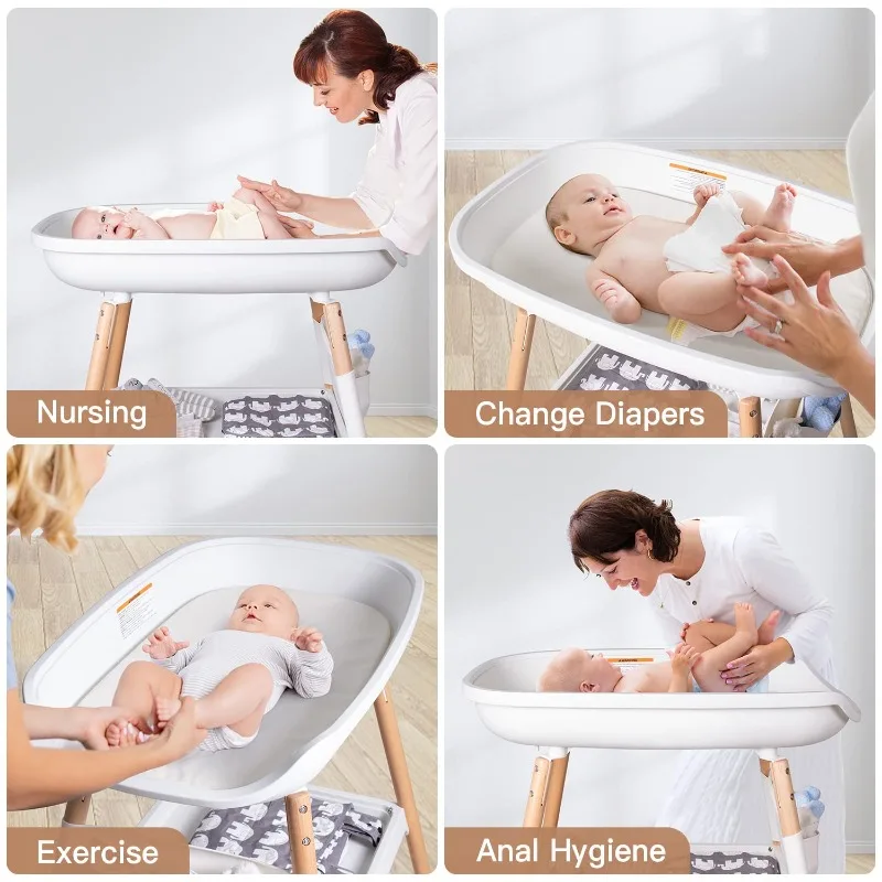 Baby changing table with changing mat Adjustable height changing table with nursery organizer and large storage shelf