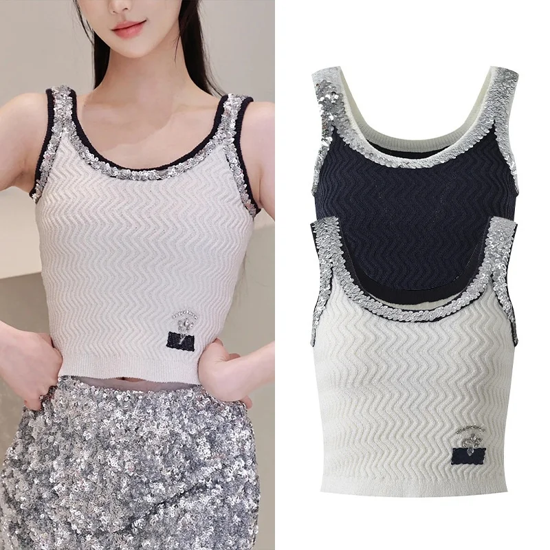 

Summer 2025 Bead Embroidery Patchwork Flower Bouquet Slimming iny Sequin Decorated Knitted Svel Vest Top Women's Faion