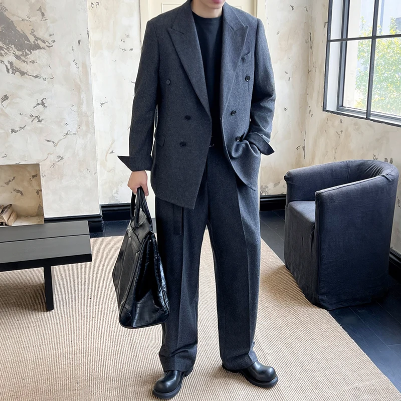 

Осенне-зимний утепленный шерстяной костюм для мужчин: повседневный модный молодежный комплект из двух предметов с длинными рукавами в британском стиле