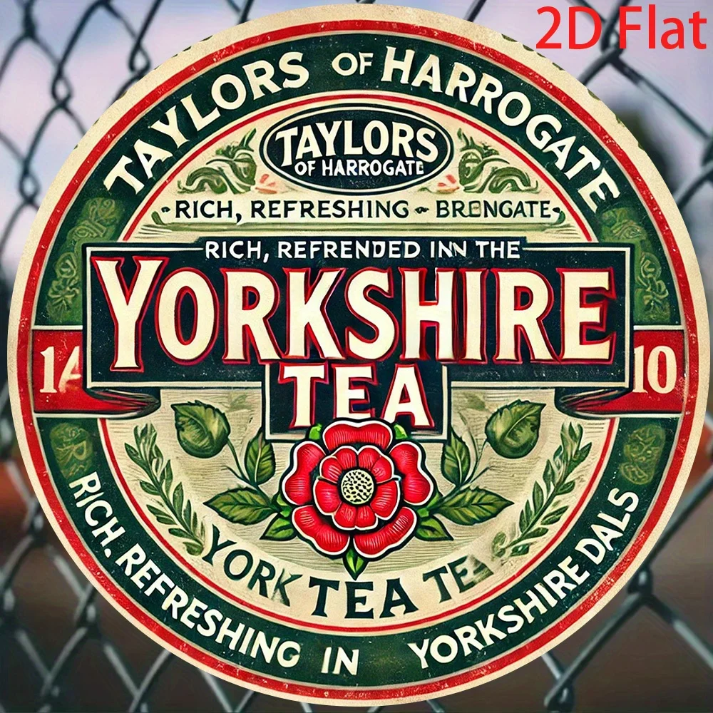 2D Flat, Vintage Yorkshire Tea Metal Sign - Retro British Tea Brand Design with Pre-Drilled Holes, Durable Iron Wall Decor for H