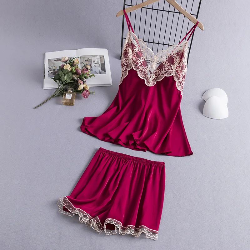 Women Suspender Pajamas Set New Summer Sleepwear Sexy Patchwork Lace Strap Top&Shorts Intimate Lingerie Thin Rayon Home Clothes