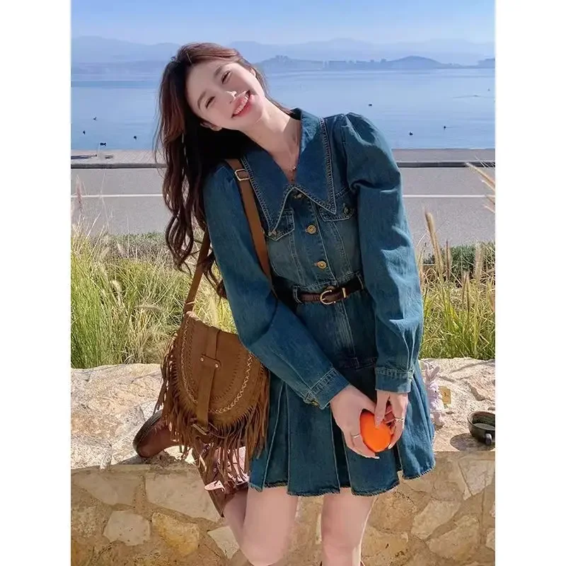 Estilo com cintura cinching comprimento médio vestido evasê azul saia jeans feminino novo retrô doce e picante