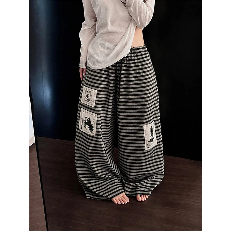 Women's Casual Straight Leg Pants Ant Pattern American Black White Stripes Sweatpants Drawstring Elastic Waist Wide Leg